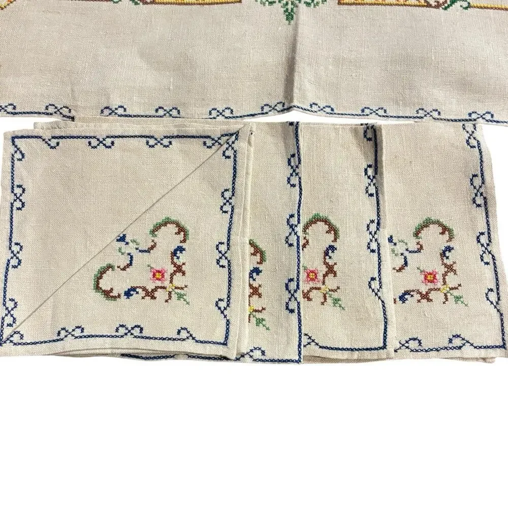 Vintage Hand Embroidered Bridge Card Tablecloth 33.5